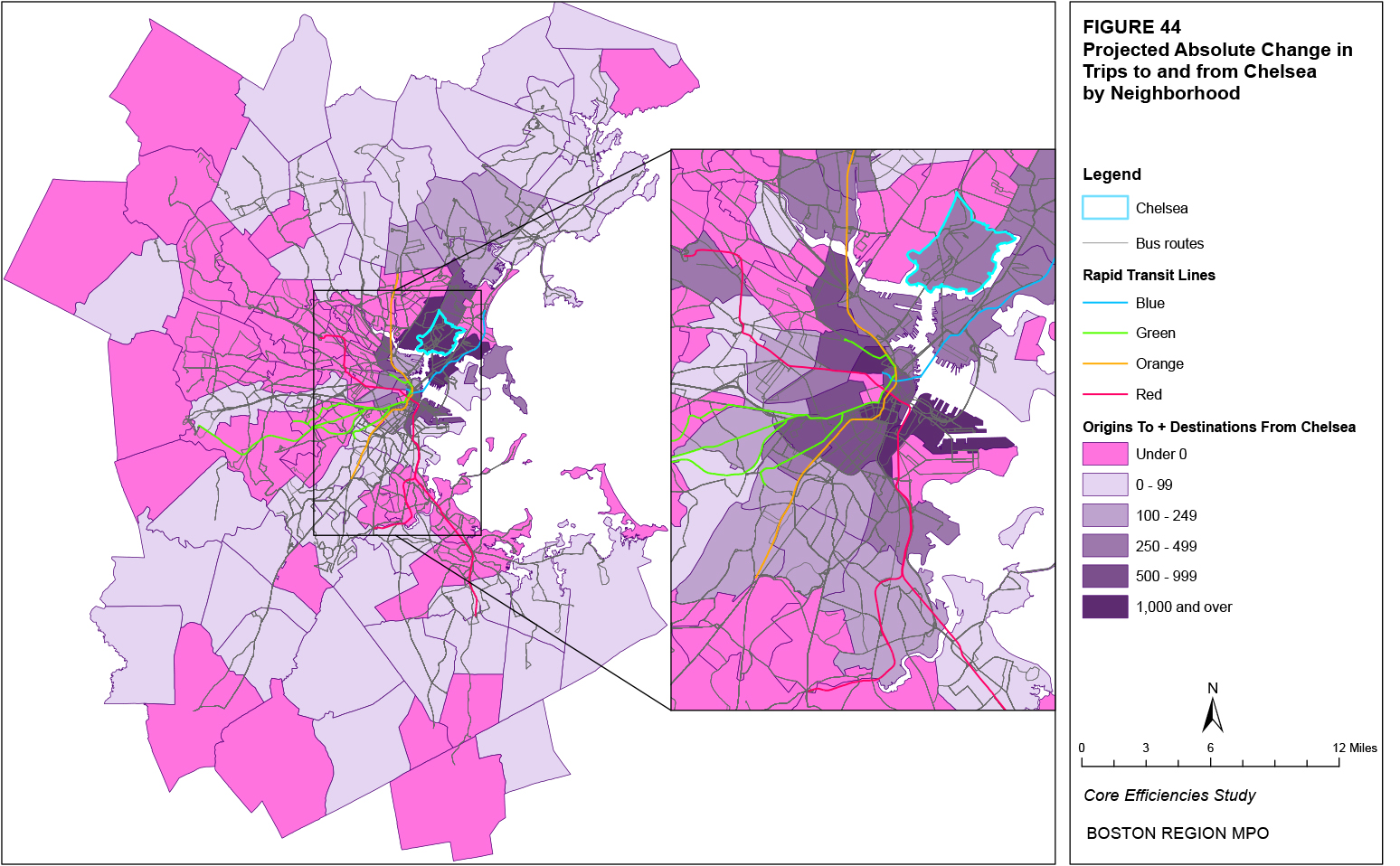 This map shows the projected absolute change in trips to and from the Chelsea neighborhood by neighborhood.